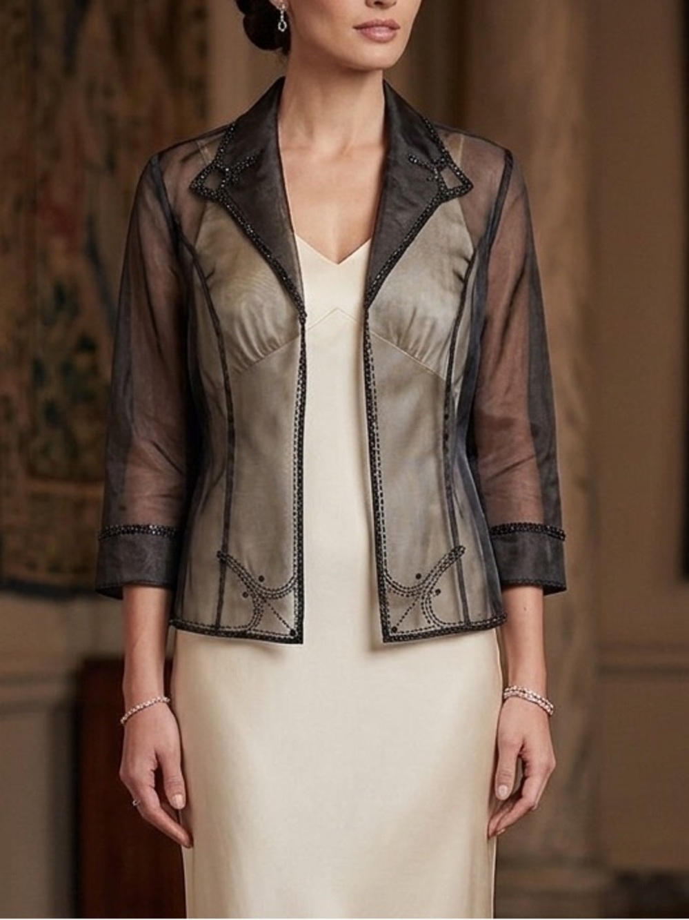 Alex Evenings Sheer Organza Beaded Trim Formal Jacket Black
